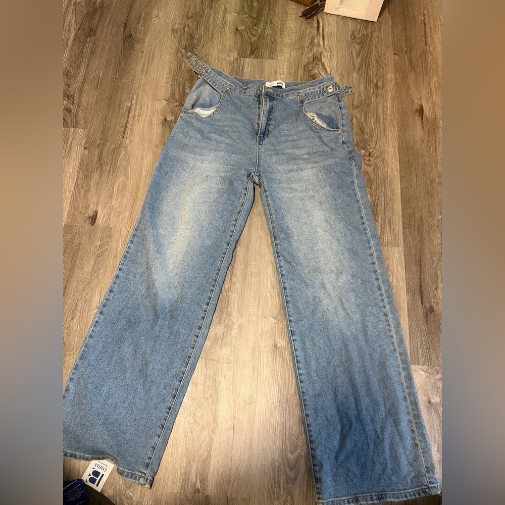 Wide Leg Adjustable Blue Denim Jeans